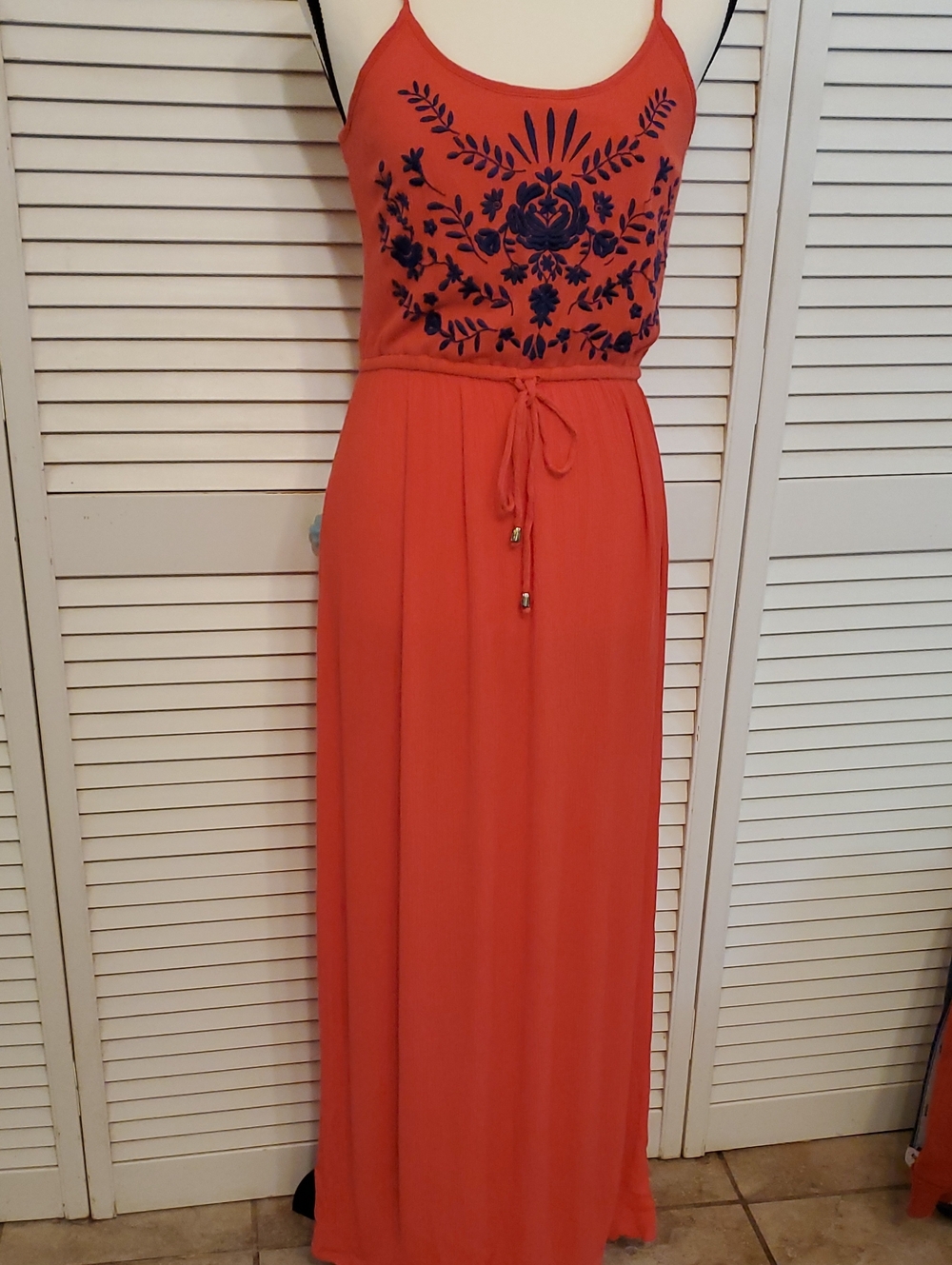 Love On a Hanger Orange and Blue Embroidered Maxi Dress, Size Medium
